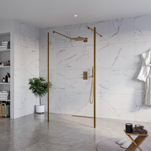 Fortifura Galeria Vrijstaande Inloopdouche - 110x200cm - Helder - antikalk - 8mm veiligheidsglas - 2 zijwanden 30cm - wandsteunen en hoekprofielen - Geborsteld koper PVD (Koper) SW927772 2x/SW915250/SW797909 2x/SW876703 2x