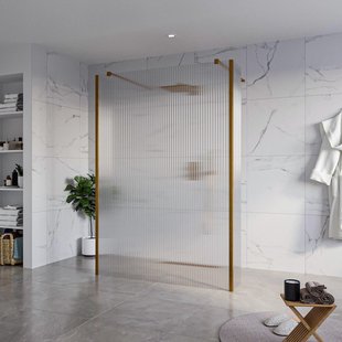 Fortifura Galeria Vrijstaande Inloopdouche - 140x200cm - Helder geribbeld - antikalk - 8mm veiligheidsglas - 2 zijwanden 30cm - wandsteunen en hoekprofielen - Geborsteld koper PVD (Koper) SW927772 2x/SW797954/SW797945 2x/SW876703 2x