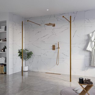 Fortifura Galeria Vrijstaande Inloopdouche - 180x200cm - Helder - antikalk - 8mm veiligheidsglas - 2 zijwanden 40cm - wandsteunen en hoekprofielen - Geborsteld koper PVD (Koper) SW927772 2x/SW797920/SW797911 2x/SW876703 2x