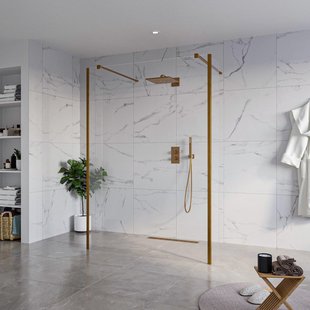 Fortifura Galeria Vrijstaande Inloopdouche - 140x200cm - Helder - antikalk - 8mm veiligheidsglas - 2 zijwanden 40cm - wandsteunen en hoekprofielen - Geborsteld koper PVD (Koper) SW927772 2x/SW797916/SW797911 2x/SW876703 2x