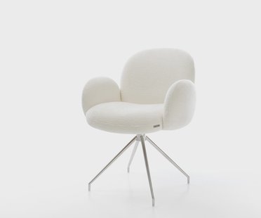 DELIFE Eetkamerstoel Nube-Flex met armleuning bouclé zacht beige kruisframe conisch roestvrij staal pocketveer kern