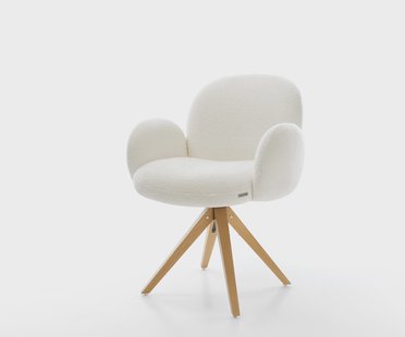 DELIFE Draaistoel Nube-Flex met armleuning bouclé zacht beige houten frame hoekig natuur 180° draaibaar pocketveer kern