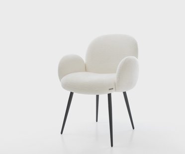 DELIFE Eetkamerstoel Nube-Flex met armleuning bouclé zacht beige 4-poot conisch zwart pocketveer kern