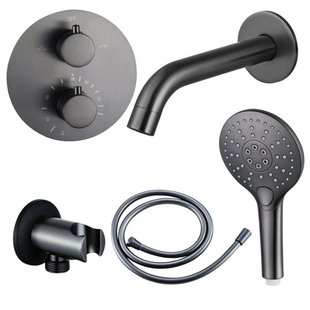 Fortifura Calvi Badkraan set - uitloop - 22cm inkortbaar - rond bedienigspaneel - gladde slang - ronde handdouche - inbouwdeel - wandhouder - geborsteld gunmetal PVD SW721165/SW766536/SW799451/SW1122514/SW1159495/SW1