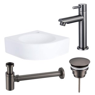 QeramiQ Fuente fonteinset - 30x30x10cm - 1 kraangat - hoek - keramiek - fonteinkraan gunmetal - glans wit SW696237/SW696207/SW696217/SW679885