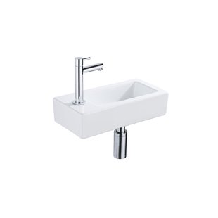 QeramiQ Fuente Fonteinset - 37.5x18.5x9cm - keramiek - kraangat links - fonteinkraan chroom - afvoerplug - verlaagd sifon - Glans wit SW1122449/SW696209/SW696219/SW696234