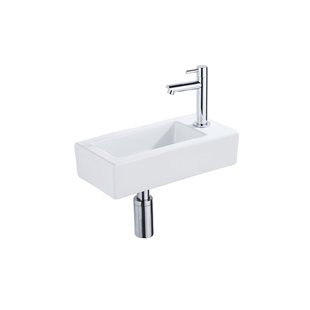 QeramiQ Fuente Fonteinset - 37.5x18.5x9cm - keramiek - kraangat rechts - fonteinkraan chroom - afvoerplug - verlaagd sifon - Glans wit SW1122445/SW696209/SW696219/SW696234