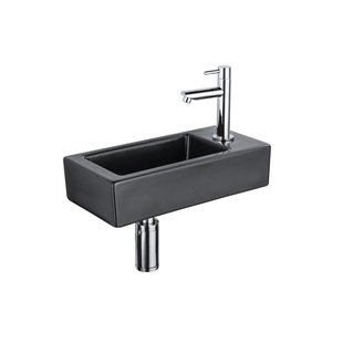 QeramiQ Fuente Fonteinset - 37.5x18.5x9cm - keramiek - kraangat rechts - fonteinkraan chroom - afvoerplug - verlaagd sifon - Mat Zwart SW1122447/SW696209/SW696219/SW696234