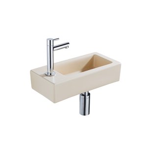 QeramiQ Fuente Fonteinset - 37.5x18.5x9cm - keramiek - kraangat links - fonteinkraan chroom - afvoerplug - verlaagd sifon - Mat Beige SW1122452/SW696209/SW696219/SW696234