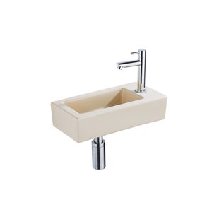 QeramiQ Fuente Fonteinset - 37.5x18.5x9cm - keramiek - kraangat rechts - fonteinkraan chroom - afvoerplug - verlaagd sifon - Mat Beige SW1122448/SW696209/SW696219/SW696234