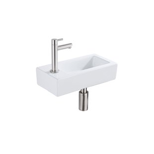 QeramiQ Fuente Fonteinset - 37.5x18.5x9cm - keramiek - kraangat links - fonteinkraan geborsteld RVS - afvoerplug - verlaagd sifon - Glans wit SW1122449/SW696207/SW696217/SW696237