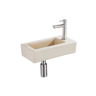 QeramiQ Fuente Fonteinset - 37.5x18.5x9cm - keramiek - kraangat rechts - fonteinkraan geborsteld RVS - afvoerplug - verlaagd sifon - Mat Beige SW1122448/SW696207/SW696217/SW696237