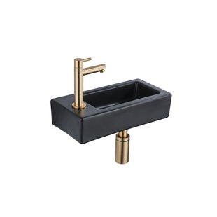 QeramiQ Fuente Fonteinset - 37.5x18.5x9cm - keramiek - kraangat links - fonteinkraan geborsteld messing - afvoerplug - verlaagd sifon - Mat Zwart SW1122451/SW696208/SW696218/SW696238