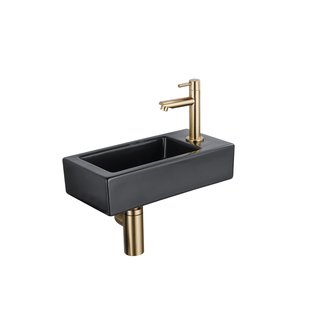 QeramiQ Fuente Fonteinset - 37.5x18.5x9cm - keramiek - kraangat rechts - fonteinkraan geborsteld messing - afvoerplug - verlaagd sifon - Mat Zwart SW1122447/SW696208/SW696218/SW696238