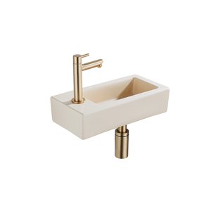QeramiQ Fuente Fonteinset - 37.5x18.5x9cm - keramiek - kraangat links - fonteinkraan geborsteld messing - afvoerplug - verlaagd sifon - Mat Beige SW1122452/SW696208/SW696218/SW696238