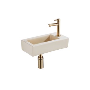 QeramiQ Fuente Fonteinset - 37.5x18.5x9cm - keramiek - kraangat rechts - fonteinkraan geborsteld messing - afvoerplug - verlaagd sifon - Mat Beige SW1122448/SW696208/SW696218/SW696238