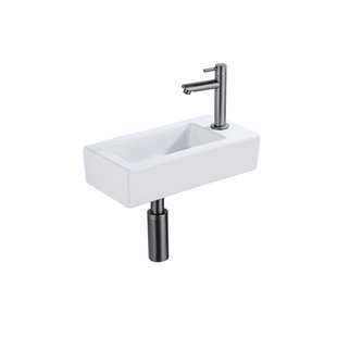 QeramiQ Fuente Fonteinset - 37.5x18.5x9cm - keramiek - kraangat rechts - fonteinkraan gunmetal - afvoerplug - verlaagd sifon - Glans wit SW1122445/SW769487/SW767295/SW696239