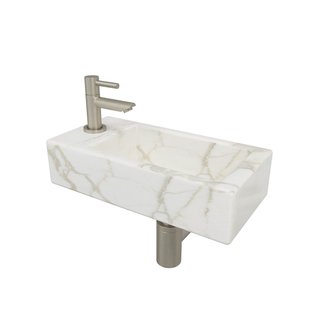 Wiesbaden Mini-Rhea links fonteinset 36x18x9cm Carrara marmerlook wit incl. Amador fonteinkraan geborsteld staal 32.5496 - 22.3708 - 32.3537 - 33.4421 - 33.4399