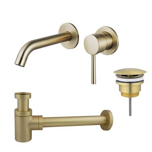 Fortifura Calvi Slim Wastafelkraanset - inbouw wastafelkraan - always open plug - verlaagde design sifon - Geborsteld Messing PVD (Goud) SW720228/SW696208/SW696218