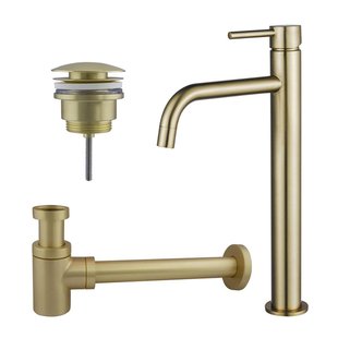 Fortifura Calvi Slim Wastafelkraanset - verhoogde wastafelkraan - klikwaste plug - verlaagde design sifon - Geborsteld Messing PVD (Goud) SW720546/SW696202/SW696218