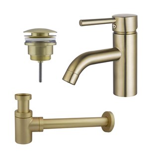 Fortifura Calvi Wastafelkraanset - lage wastafelkraan - klikwaste plug - verlaagde design sifon - Geborsteld Messing PVD (Goud) SW720547/SW696202/SW696218