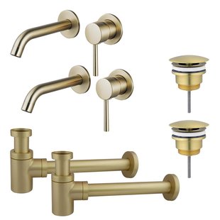 Fortifura Calvi Slim Wastafelkraanset - voor dubbele wastafel - inbouw wastafelkraan - always open plug - verlaagde design sifon - Geborsteld Messing PVD (Goud) 2x SW720228/2x SW696208/2x SW696218