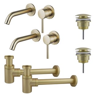 Fortifura Calvi Slim Wastafelkraanset - voor dubbele wastafel - inbouw wastafelkraan - klikwaste plug - verlaagde design sifon - Geborsteld Messing PVD (Goud) 2x SW1171115/2x SW696202/2x SW696218