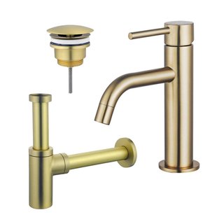 Fortifura Calvi Slim Wastafelkraanset - lage wastafelkraan - always open plug - design sifon - Geborsteld Messing PVD (Goud) SW720545/SW696208/SW696213
