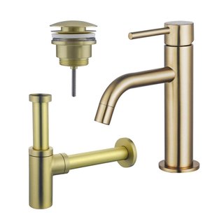 Fortifura Calvi Slim Wastafelkraanset - lage wastafelkraan - klikwaste plug - design sifon - Geborsteld Messing PVD (Goud) SW720545/SW696202/SW696213