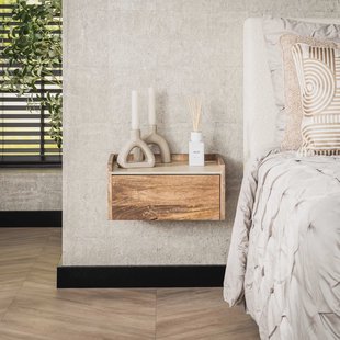 LifestyleFurn Zwevend Nachtkastje 'Beckie' Mangohout en travertinlook, Met 1 lade