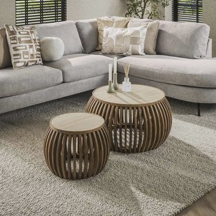 LifestyleFurn Ronde Salontafel 'Beckie' Mangohout en travertinlook, Set van 2 stuks