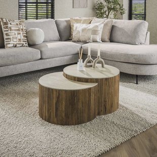 LifestyleFurn Halfronde Salontafel 'Beckie' Mangohout en Keramiek in Travertin-look, Set van 2 stuks