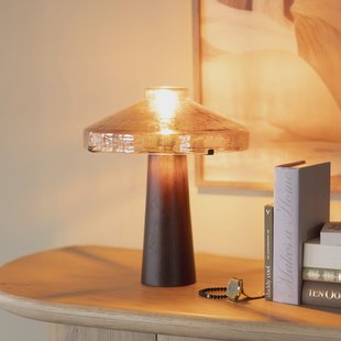 By-Boo Tafellamp 'Dome' Hout en glas, 35cm hoog