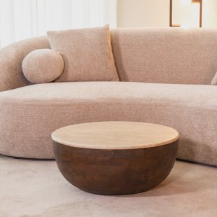 LABEL51 Ronde Salontafel 'Bowl' Travertin en hout, 70cm