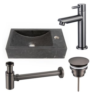Saniclass Fuente fonteinset - 40x22 - 1 kraangat - rechts - natuursteen - fonteinkraan Geborsteld Gunmetal PVD - donker SW696237/SW696207/SW696217/SW728242