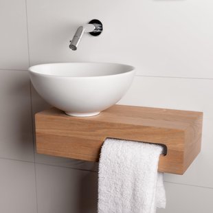 Wiesbaden Oak houten toiletset compleet met Hotbath inbouwkraan, Wiesbaden waskom mat wit links, houten blad, sifon en afvoerplug chroom sw1175/sw23941/sw296051/sw440854/sw450729/