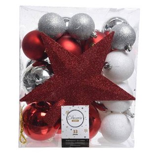 Decoris kerstballen - 34-dlg - rood|wit|zilver - kunststof