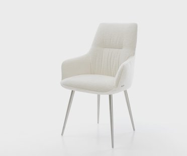 DELIFE Eetkamerstoel Zelia-Flex met armleuning bouclé zacht beige 4-poot conisch roestvrij staal pocketveer kern