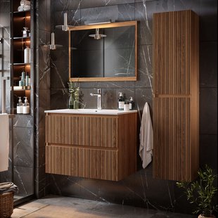 Asime Hoge Badkamerkast 35cm - Okkernoot - Met 2 Deuren - 35x150x30cm