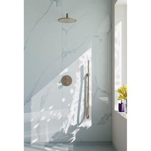 Fortifura Calvi Inbouw Regendoucheset - rond - thermostatisch - wandarm - 25cm hoofddouche - staaf handdouche - Geborsteld Messing PVD (Goud) SW706206/SW720555/SW720562/SW720569/SW720570/SW721