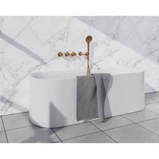 Fortifura Nebbio Badcombinatie-set - thermostaatkraan - wandaansluitbocht met handdouchehouder - metalen doucheslang - ronde handdouche - uitloop - geborsteld messing SW1183067 2x SW1183076 2x SW1183080 SW720569 SW706