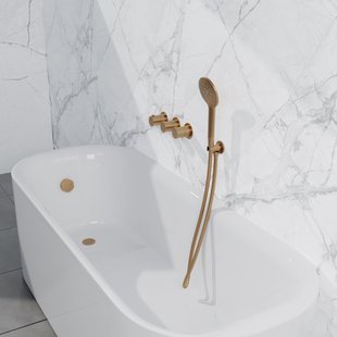 Fortifura Nebbio Badcombinatie-set - thermostaatkraan - wandaansluitbocht met handdouchehouder - metalen doucheslang - ronde handdouche - badvulcombinatie - geborsteld messing PVD (goud) SW1183067 SW1183076 SW1183080 SW720569 SW706206 SW