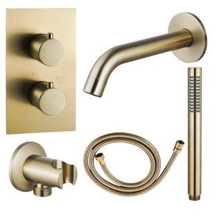 Fortifura Calvi Badkraan set - uitloop - 22cm inkortbaar - metalen slang - staafhanddouche - inbouwdeel - wandhouder - geborsteld messing SW720569/SW706206/SW721169/SW1122513/SW720570