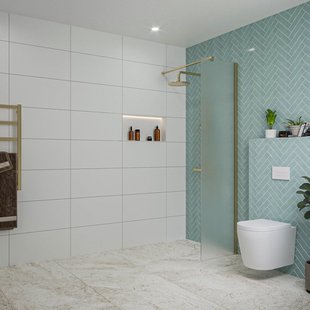 Fortifura Galeria inloopdouche - 50x200cm - mat glas - wandarm - Geborsteld Messing PVD (Goud) SW797922/SW797910