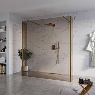 Fortifura Galeria Vrijstaande Inloopdouche - 180x200cm - Rookglas - antikalk - 8mm veiligheidsglas - 2 zijwanden 40cm - wandsteunen en hoekprofielen - Geborsteld koper PVD (Koper) SW927772 2x/SW797943/SW797934 2x/SW876703 2x