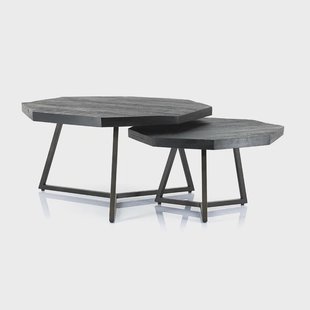 By-Boo Salontafel 'Octagon' Mangohout, Set van 2 stuks, kleur Zwart