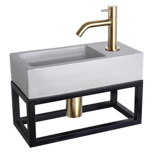 Differnz Ravo fonteinset - 38.5x18.5x25cm - Rechthoek - 1 kraangat - Gebogen matte goude kraan - met zwart frame - beton lichtgrijs 38.402.02