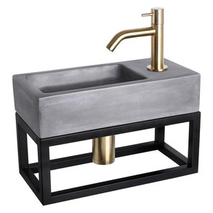 Differnz Ravo fonteinset - 38.5x18.5x25cm - Rechthoek - 1 kraangat - Gebogen matte goude kraan - met zwart frame - beton donkergrijs 38.402.14
