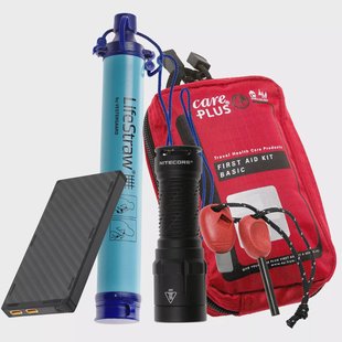 Noodpakket met zaklamp, powerbank, waterfilter, firesteel & EHBO-set