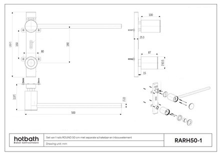 Hotbath &MORE set van 1 rails RARH 50 ROUND 50 cm met separate schakelaar en inbouw element Geborsteld Messing PVD (RARH50-1BBP)